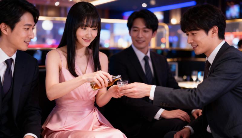 ピンクのドレスを着たアジア系の若い女性が、薄暗いバーで隣に座っている黒いスーツを着た...。