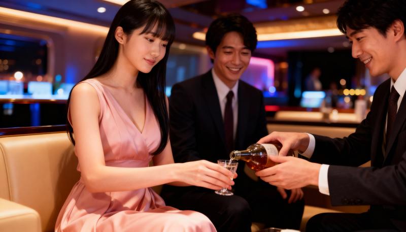 ピンクのドレスを着た若い女性が豪華なバーのテーブルに座り、ボトルからグラスに飲み物を...。