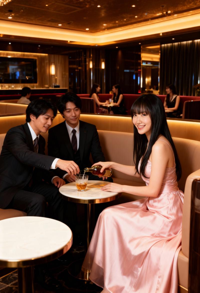 高級レストランのテーブルに座る3人が一緒にお酒を楽しむロマンチックなシーンを横から写...。