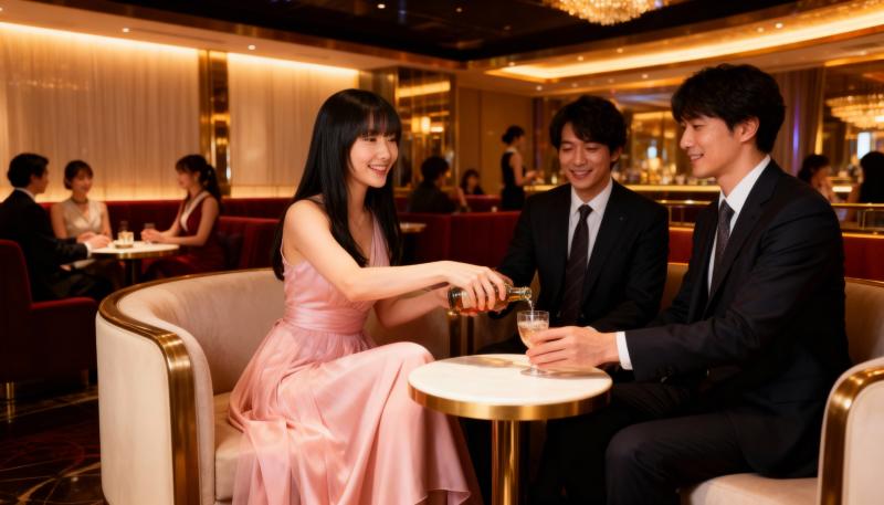 豪華なレストランのテーブルに座る、正装したアジア系の若い男性 2 人を描いたロマンチ...。