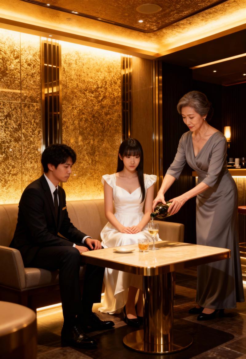 高級レストランでの3人のロマンチックなシーンを正面からフォトリアルに撮影。