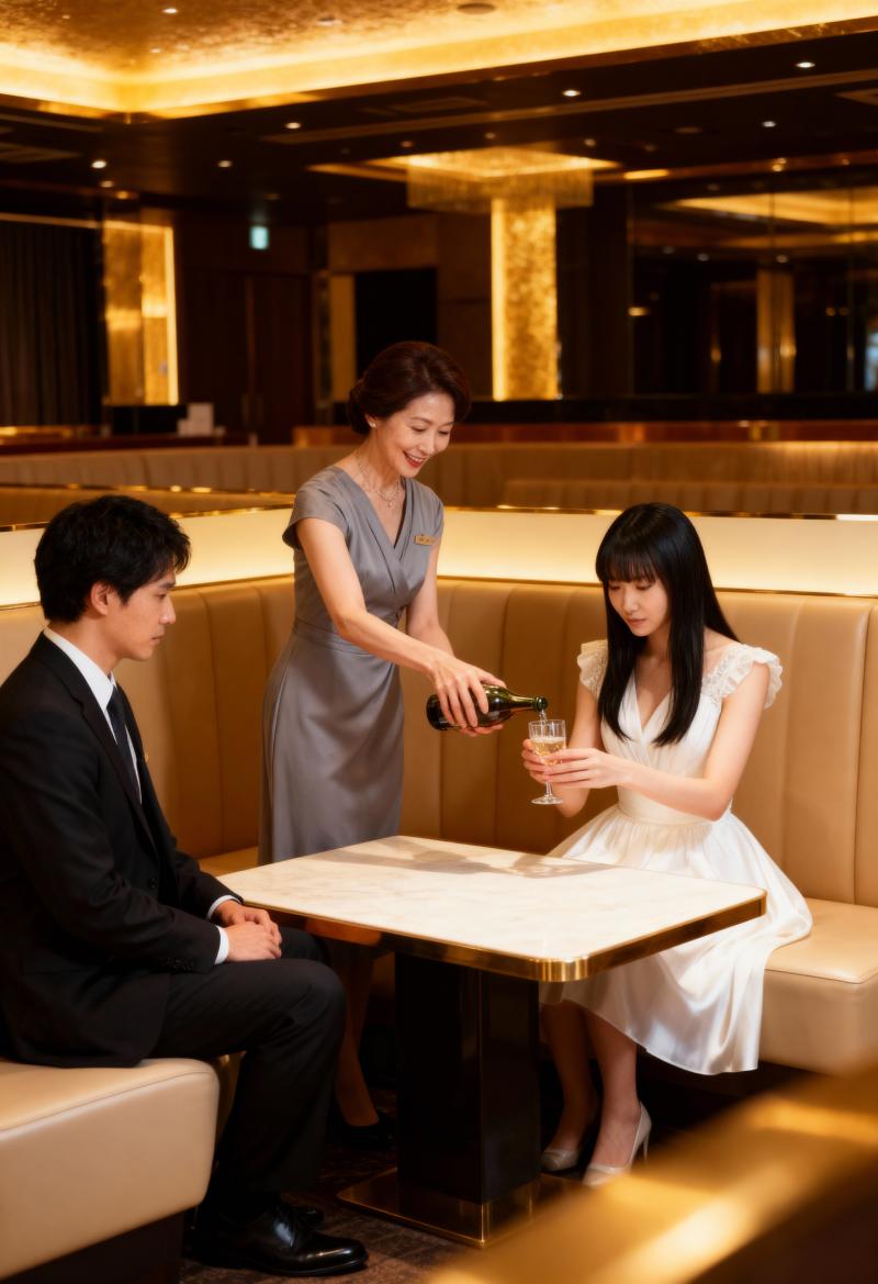 豪華なレストランでのアジア人女性 2 人と男性 1 人のロマンチックなシーンを正面か...。