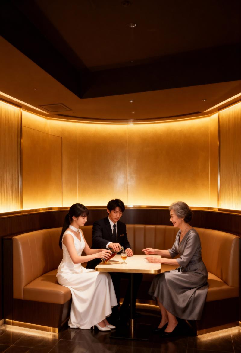 温かみのある照明の薄暗いブースで、テーブルを囲んで 3 人が座るロマンチックなシーン...。