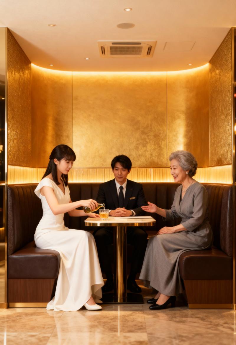 高級レストランのテーブルに座って会話をする 3 人の人物を正面カメラのアングルから写...。