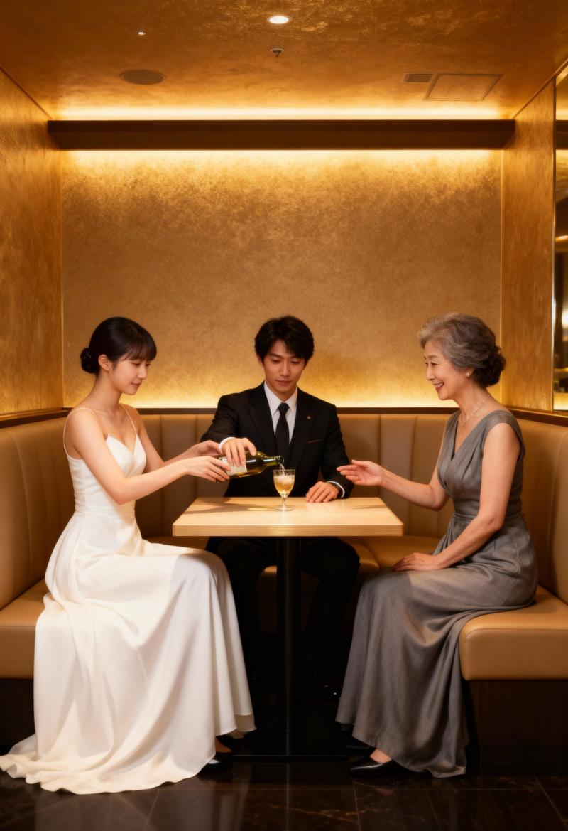 豪華なレストランでのアジア人女性 2 人と男性 1 人のロマンチックな瞬間を正面から...。