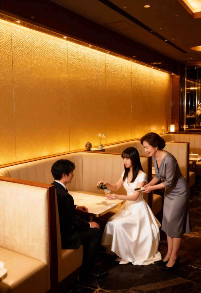 レストランのロマンチックな雰囲気を表現する、ローアングルからの写実的な撮影。