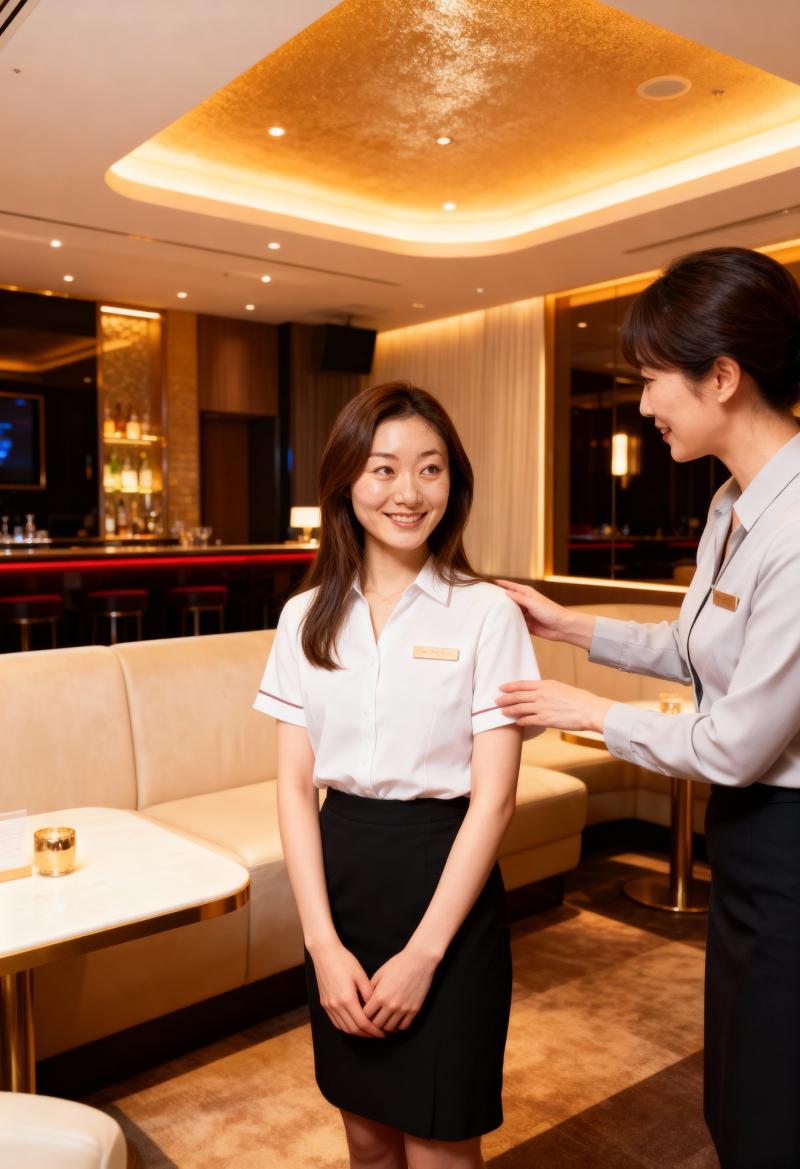 モダンなホテルのロビーで 2 人の女性を正面カメラの角度から写実的に撮影したもので、...。