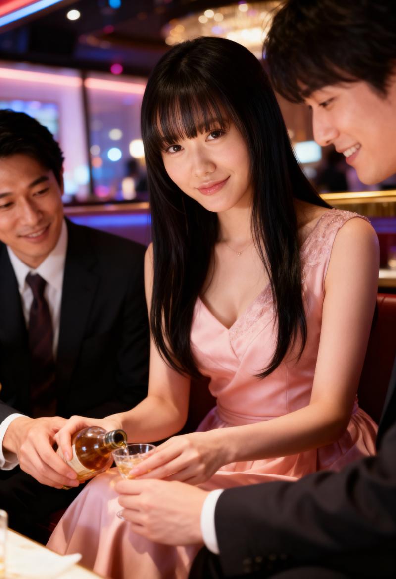 薄暗いバーのテーブルに座り、ボトルからグラスに飲み物を注ぐピンクのドレスを着た若い女...。