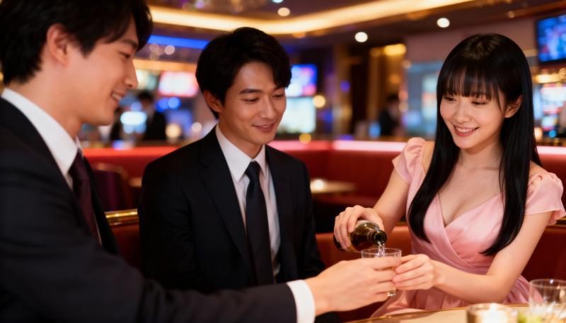 豪華なカジノのテーブルで、正装した 2 人の男性を伴って飲み物を注ぐ若い女性を正面か...。