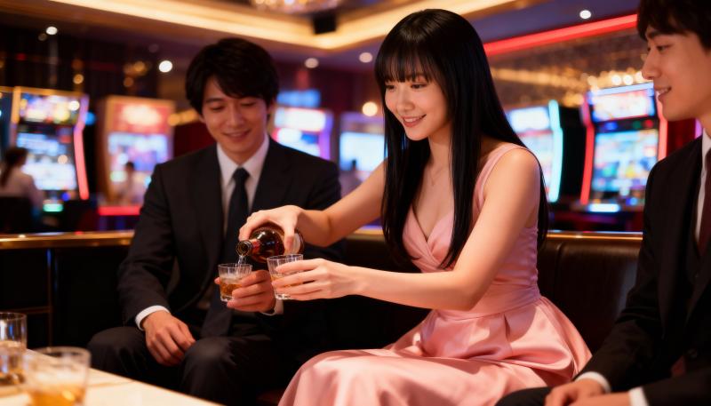 ピンクのドレスを着た若い女性がカジノ内で 2 人の男性に飲み物を注ぐ様子を横から撮影...。