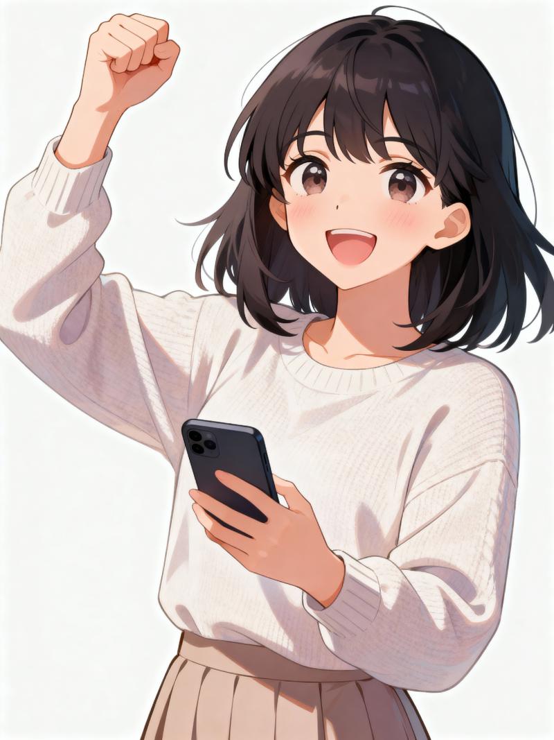 黒い短い髪の陽気なアニメの女の子。