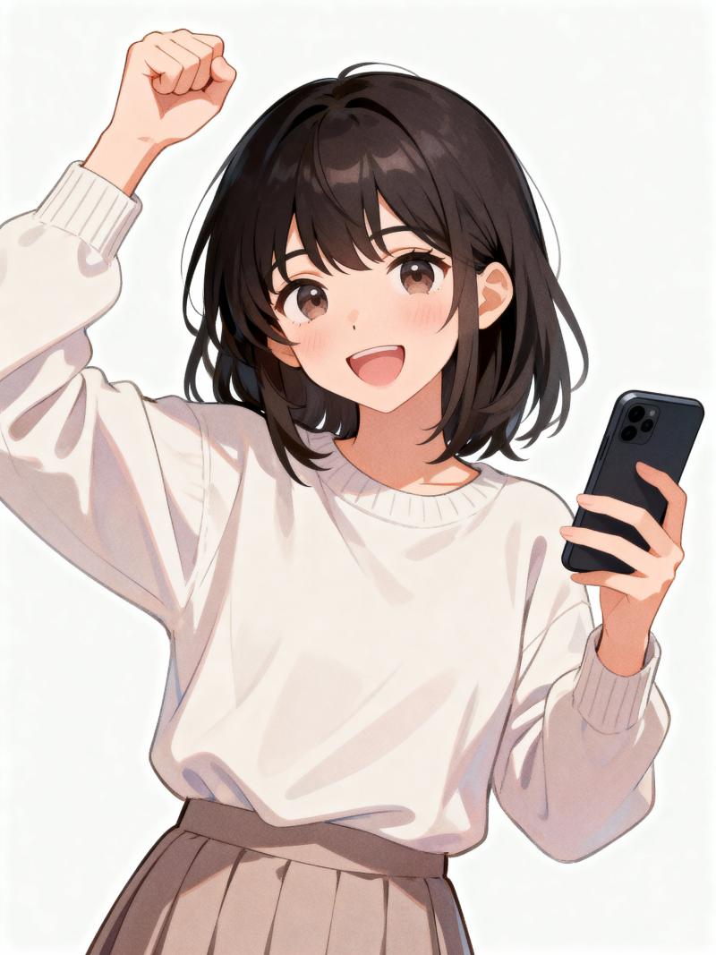 暗い茶色の短い髪を持ち、白いセーターと淡いピンクのプリーツ スカートを着た若い女性の...。