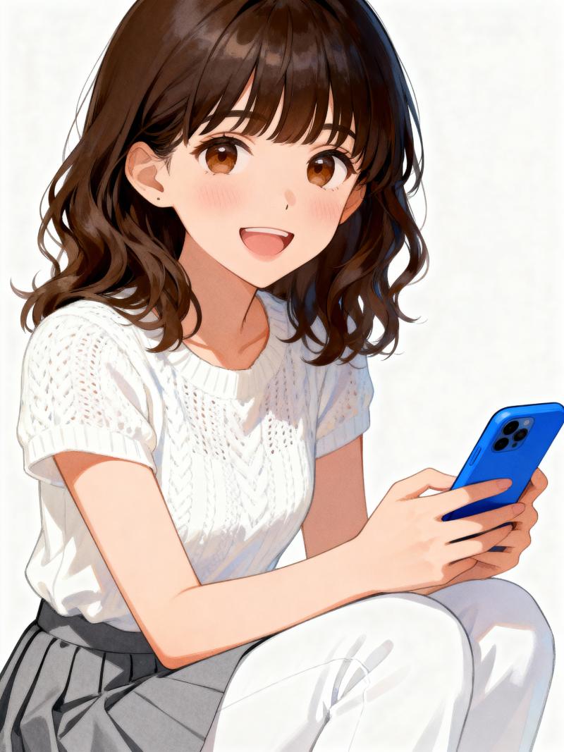 青いスマートフォンを持って座って微笑んでいる若い女性を正面から撮影したデジタル イラスト。
