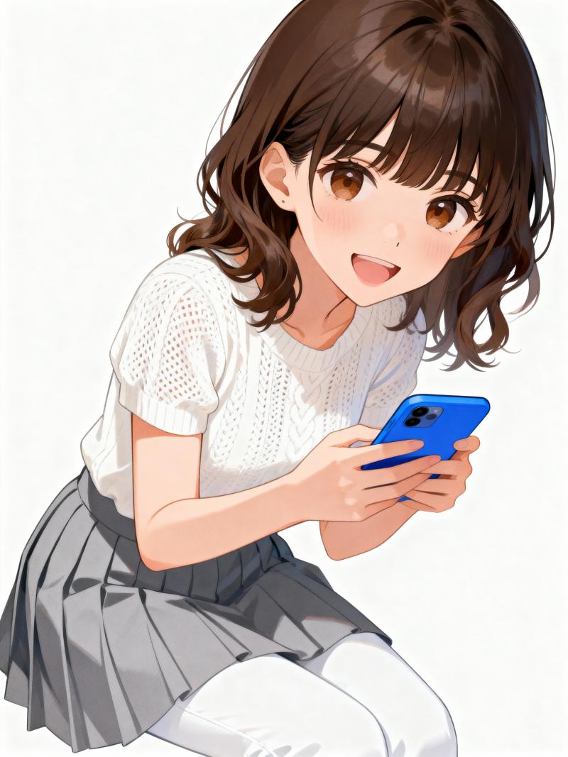 画像の中央に座り、手に青いスマートフォンを持った、短くウェーブのかかった茶色の髪と茶...。