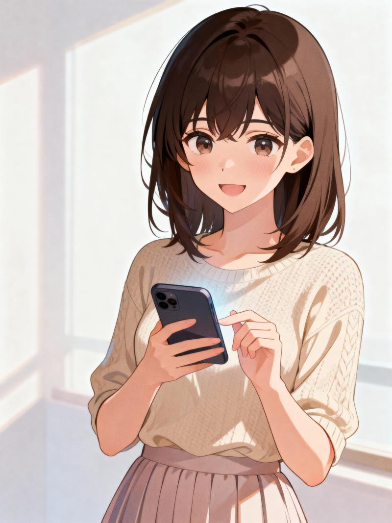 柔らかいパステル カラーの明るい部屋の画像の中央に、ダークブラウンの短い髪と茶色の目...。