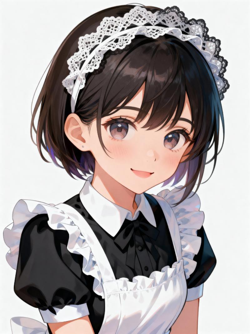 白いエプロンと白いレースのカチューシャを付けた白黒のメイド服を着た、短い黒髪と紫のハ...。