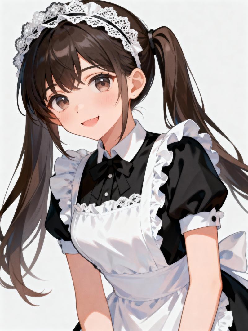 長い茶色の髪を高い位置で 2 つのポニーテールに結び、白いエプロンと白いレースのカチ...。