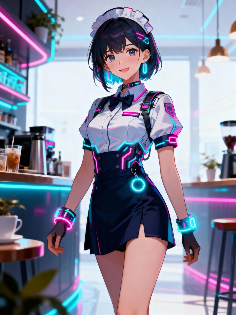 ネオンライトが光るメイド服を着た、未来的なカフェの設定の若い女性を描いた、アニメ ス...。