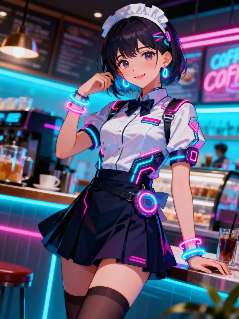 ネオンライトとコーヒーショップを背景に、画像の中央に立ち、カフェのバーカウンターにも...。