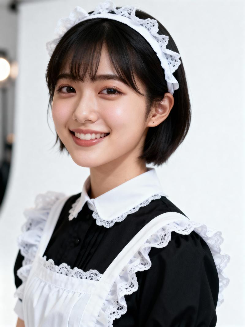 ポートレート カメラの角度から撮影された、メイド服を着た若い女性の写実的なポートレート。