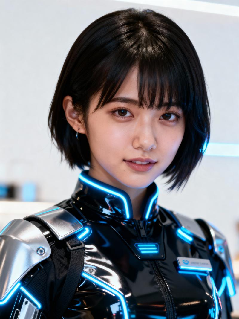 青いアクセントが付いた未来的な黒と銀のボディスーツを着た、短い黒のボブヘアカットの若...。