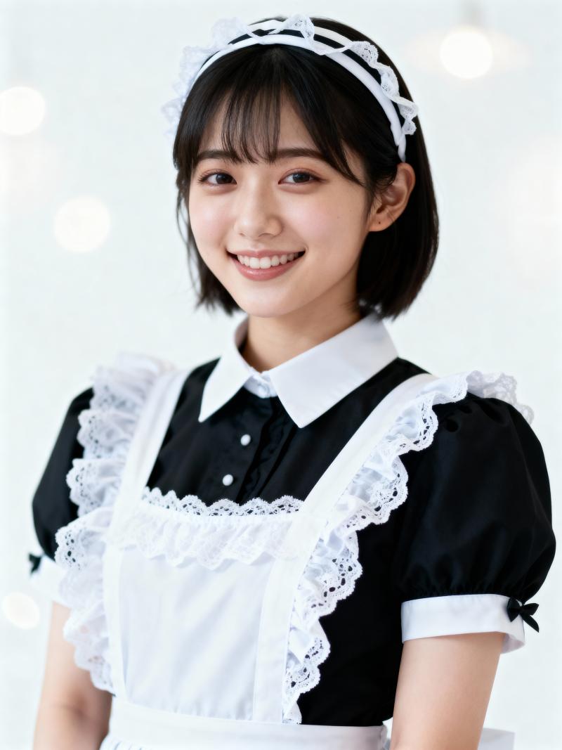 メイドの格好をした若い女性がカメラに向かって微笑む様子を、ポートレート カメラ アン...。