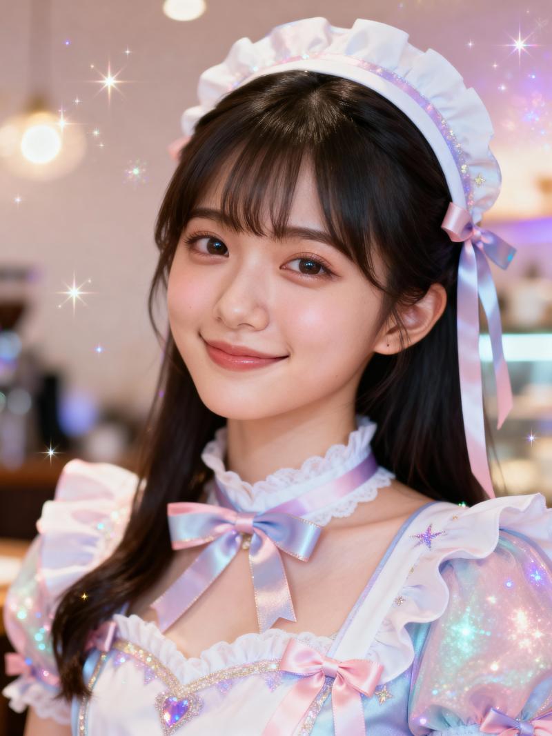 白いカチューシャとピンクのリボンが付いたパステルカラーのメイド服を着た若い女性をポー...。