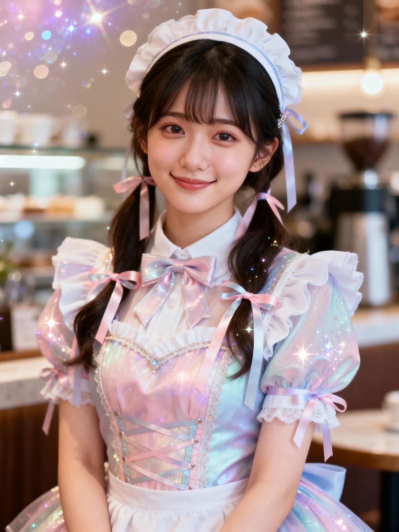 パステルカラーのメイド服を着てカメラに微笑む若い女性をポートレートアングルから写実的に撮影。