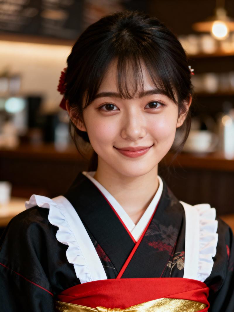 赤と金の帯を締めた伝統的な着物を着て、カフェの店内に佇む、温かい笑顔を浮かべた若い日...。