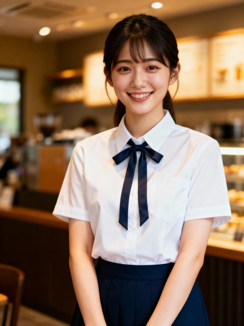 カフェに立ってカメラに向かって微笑む若い女性の写実的なポートレート。