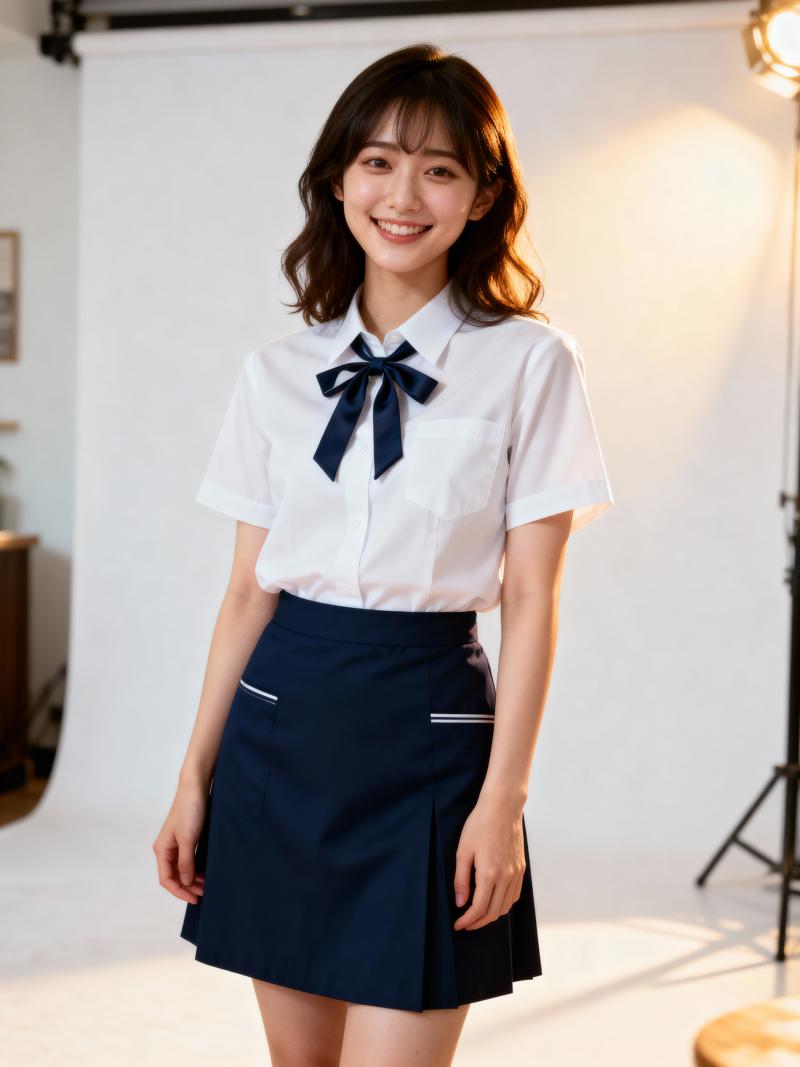 写真スタジオの設定で自信を持ってポーズをとる白いシャツとネイビーブルーのスカートを着...。