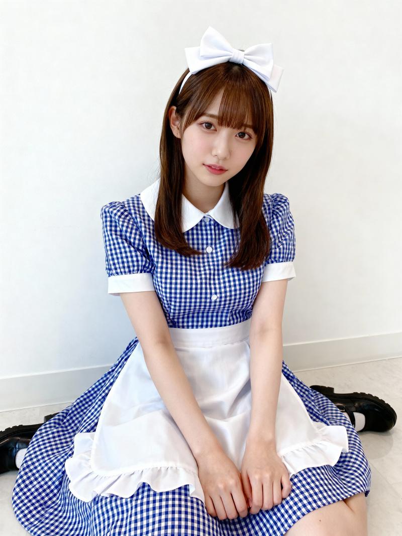 青と白のギンガムチェックのドレスを着て、白いエプロンと大きな白いリボンをつけて、真っ...。