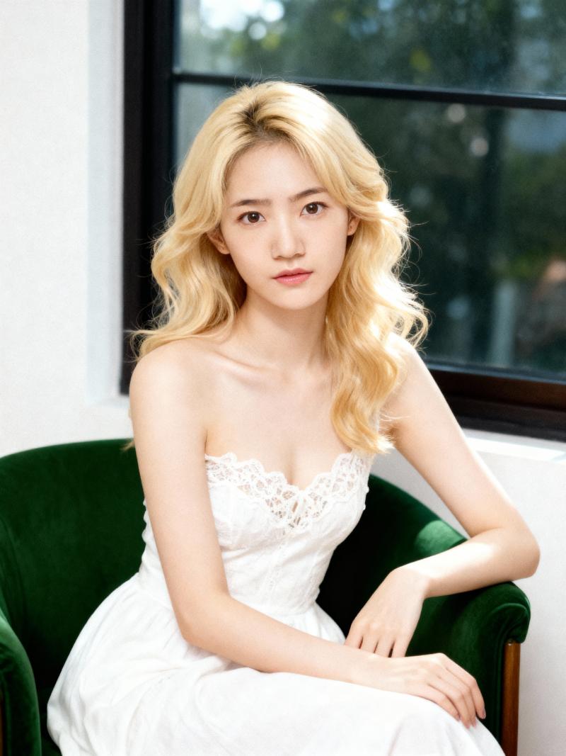 屋内で緑のベルベットの椅子に座る、長くウェーブのかかったブロンドの髪を持つ若い女性の...。