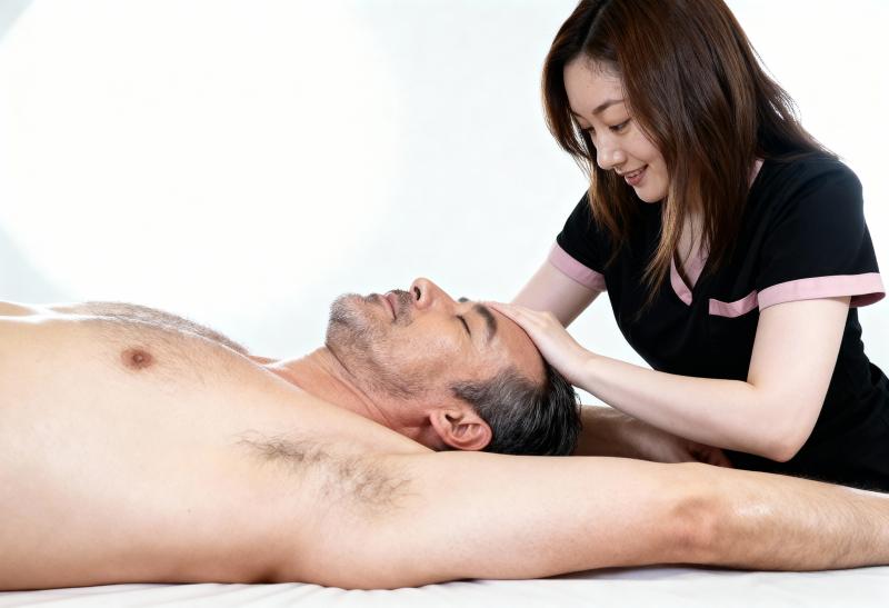 ベッドに横たわっている男性と女性が交流する様子を横顔カメラのアングルから写実的に撮影...。