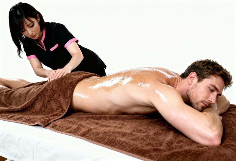 黒とピンクの制服を着た女性を伴い、茶色のタオルで覆われたマッサージ台に横たわる男性を...。