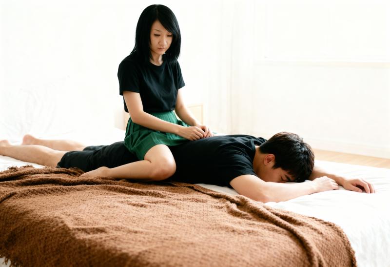 若いカップルがベッドの上で親密な時間を過ごし、女性が男性の上に座っている様子を、トッ...。