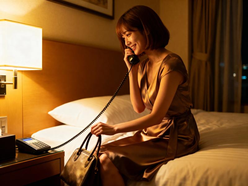 ホテルの部屋のベッドに座り、ハンドバッグを持ちながら電話で話している女性を横から撮影...。