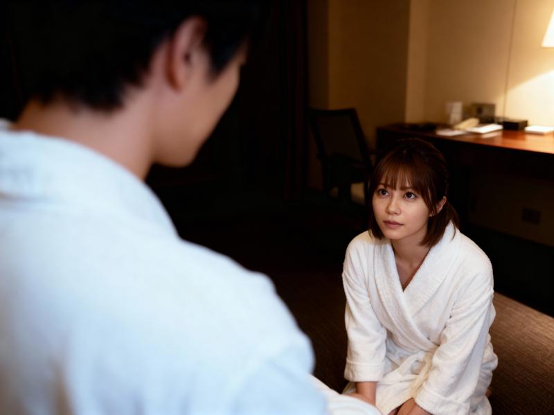 白いバスローブを着た若い女性がホテルの部屋の床に座り、目の前に注意深く座っている男性...。