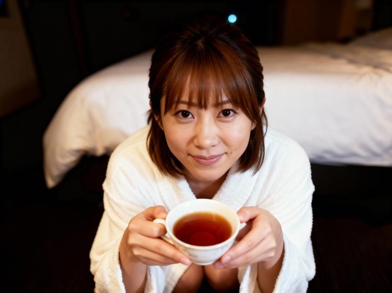 顔の前でお茶を持っている若い女性に焦点を当てた、ローアングルからのクローズアップショット。