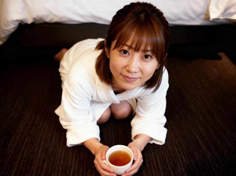 白いバスローブを着た若い女性が、暗いカーペット敷きの床にしゃがみ、お茶を持ち、中立的...。