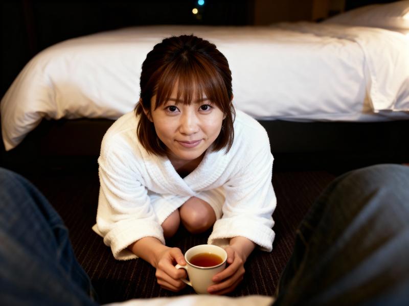 ホテルの部屋のベッドを背景に、白いローブを着た女性がお茶を持って床にしゃがむ様子をロ...。