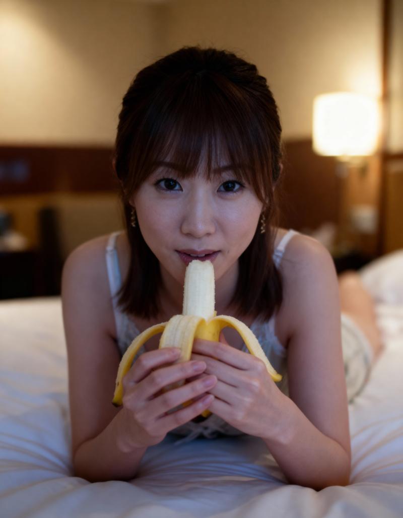 ベッドに横たわり、皮をむいたバナナを口の前に持ち、遊び心のある表情でカメラをまっすぐ...。