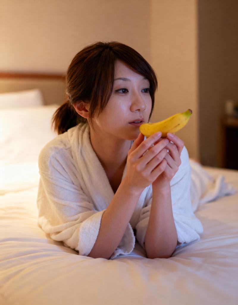白いバスローブを着た若い女性がベッドに横たわり、顔の前にバナナを持っている様子を横か...。