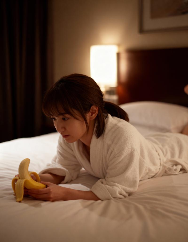 薄暗いホテルの部屋のベッドの上で、白いバスローブを着た若い女性がバナナで遊んでいる様...。