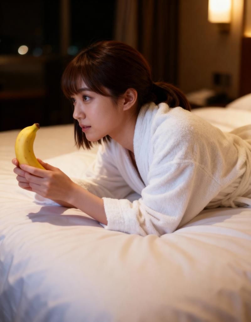 薄暗いホテルの部屋で、白いバスローブを着た若い女性がバナナを持ってベッドに横たわって...。