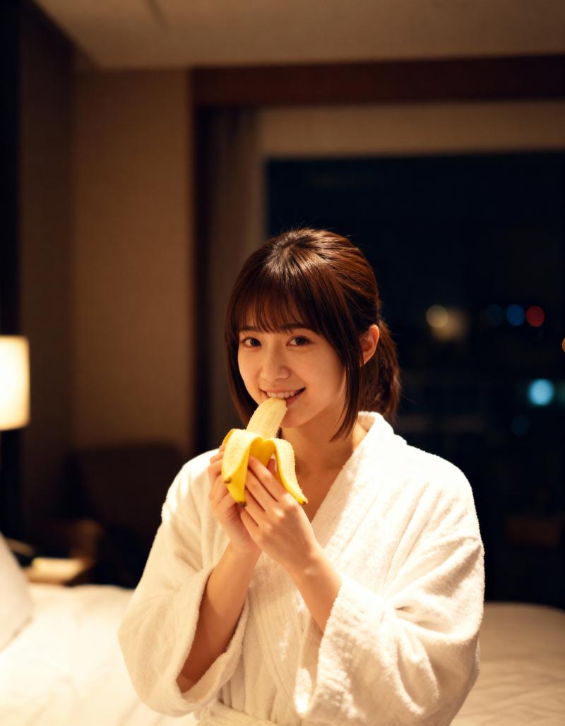 ホテルの部屋で白いバスローブを着た若い女性がバナナを食べる様子を、正面カメラのアング...。