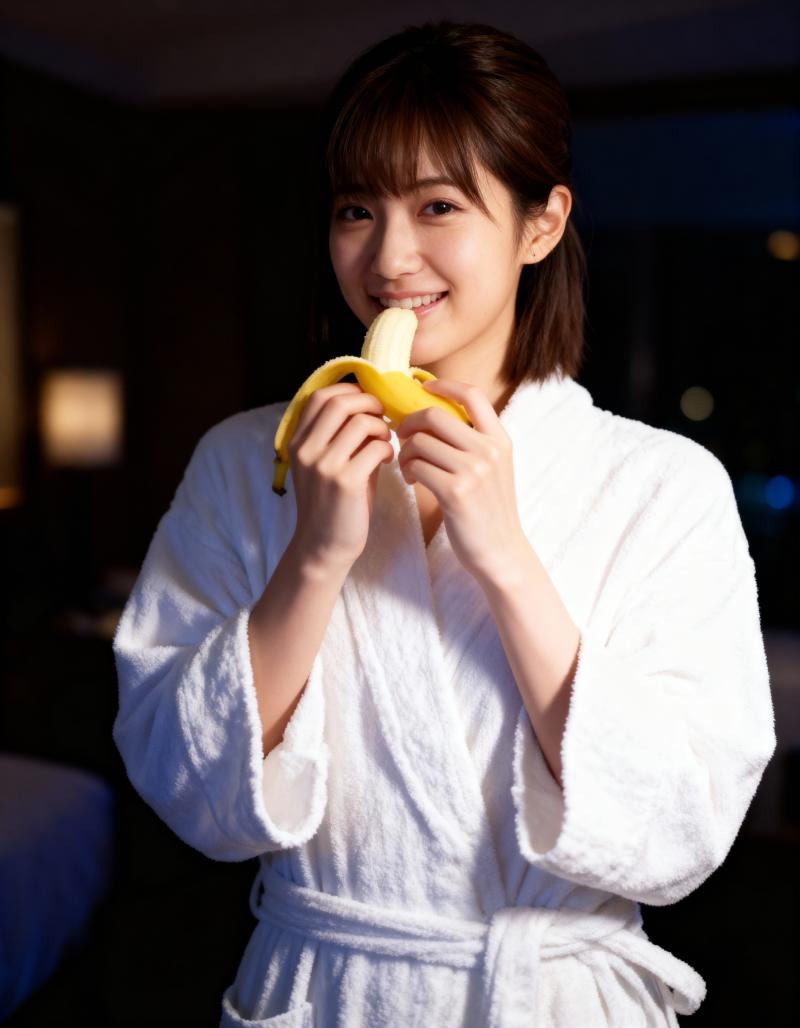 白いバスローブを着た若い女性が顔の前にバナナを持ち、満面の笑みを浮かべている、正面カ...。