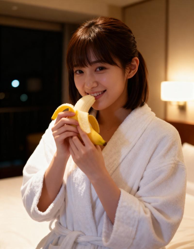 ホテルの部屋で白いバスローブを着た若い女性がバナナを食べる様子を、正面カメラのアング...。