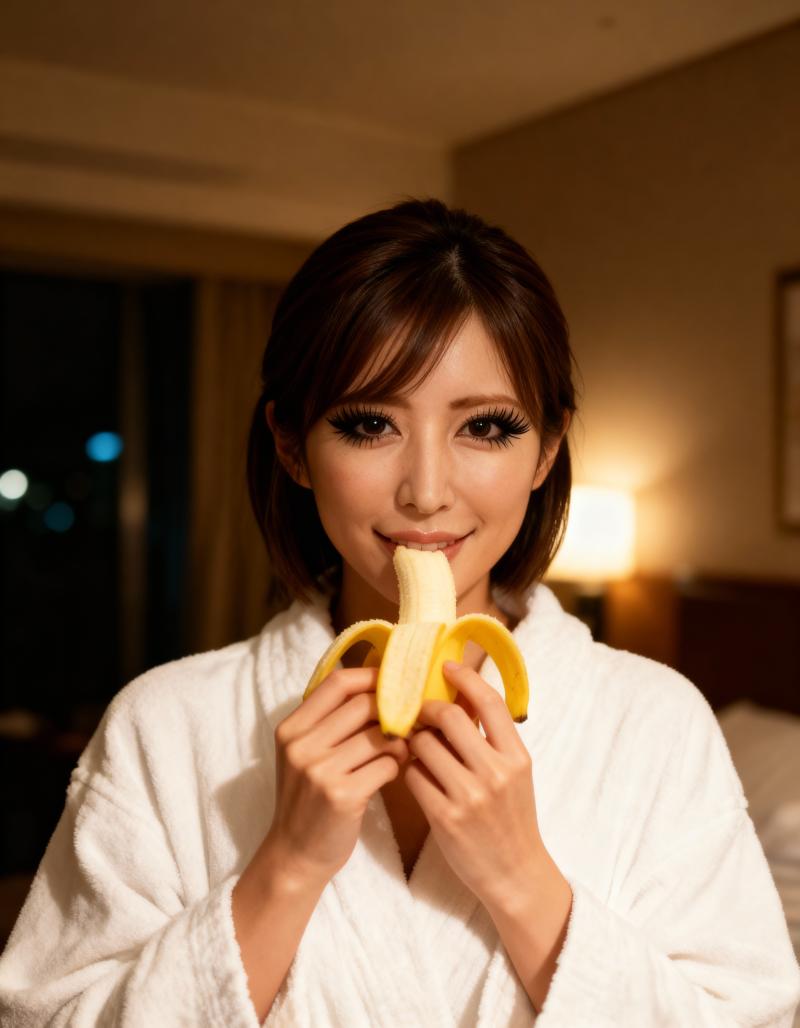ホテルの部屋でバナナを食べる白いローブを着た若い女性を正面カメラの角度から撮影した写...。