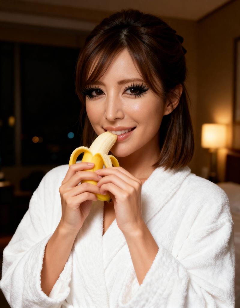 白いバスローブを着た女性がカメラに向かって微笑みながらバナナを食べる様子を、正面カメ...。
